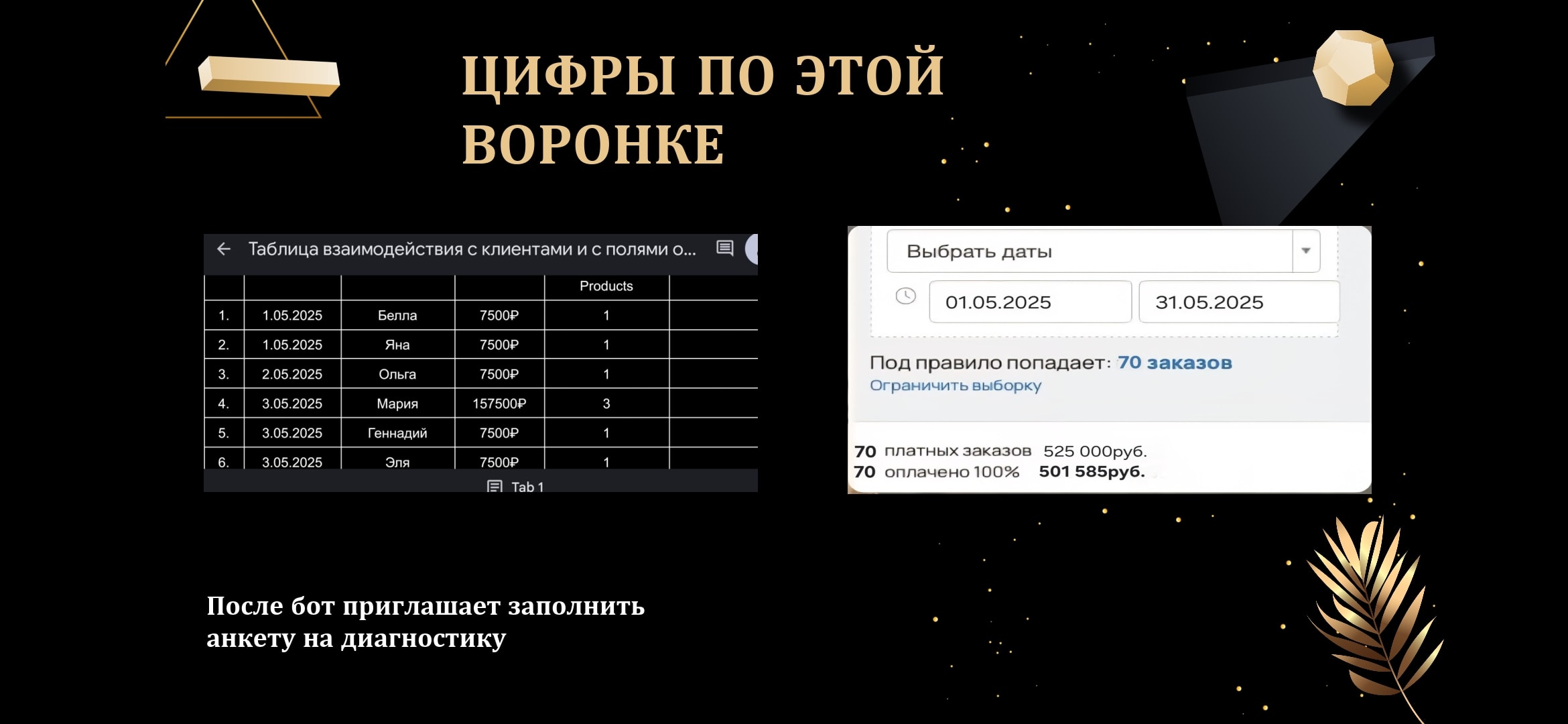 Таблица заказов: 70 платных заказов, 501 585 руб. — реальные данные из CRM